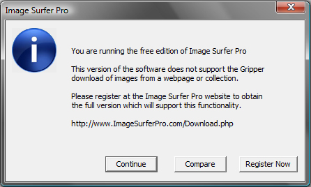 Screen capture of free version limitation dialog