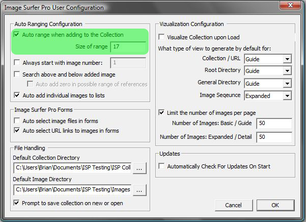 Image of User Configuration Dialog with Auto Range Enable and Size of Range highlighted