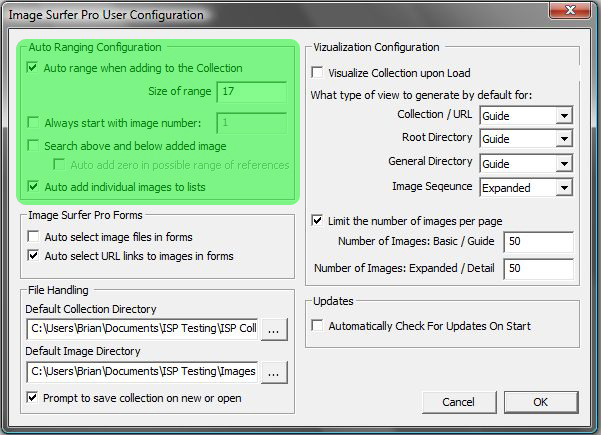 Image of User Configuration Dialog with the Auto Ranging Configuration block of inputs highlighted