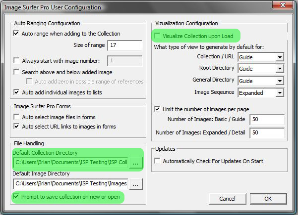 Image of User Configuration Dialog with the Default Fusker Collection Directory input highlighted