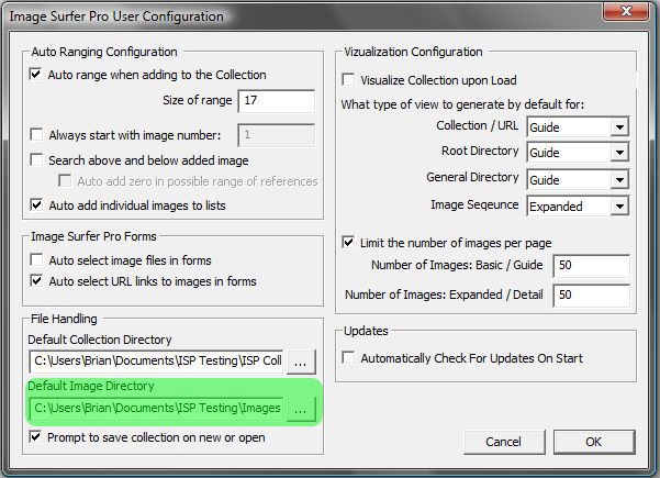 Image of User Configuration Dialog with the Default Image Directory input highlighted