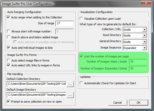 Image of User Configuration Dialog with page limits highlighted