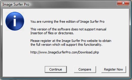 Screen capture of free version limitation dialog