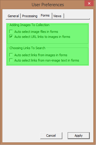 Image of User Preferences Dialog with the Processing tab selected - Adding Images To Collection and Choosing Links To Search highlighted