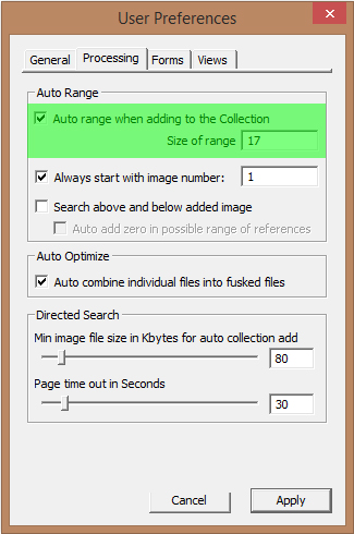 Image of User Preferences Dialog with the Processing tab selected - portion of Auto Ranging configuration block highlighted