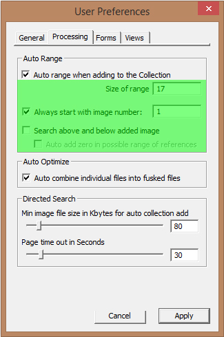 Image of User Preferences Dialog with the Processing tab selected - portion of Auto Range block highlighted