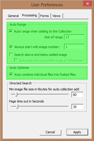 Image of User Preferences Dialog with the Processing tab selected - Auto Range and Auto Optimize configuration blocks highlighted