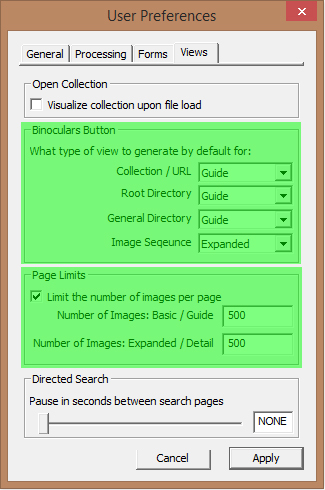 Image of User Preferences Dialog with the Views tab selected - Binoculars Button and Page Limits groups highlighted