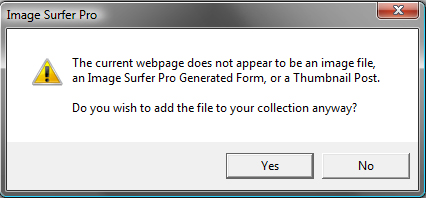 Dialog letting the user now Image Surfer Pro has found no image content to add to the fusker collection