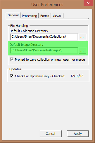 Image of User Preferences Dialog with the General tab selected - Default Image Directory highlighted