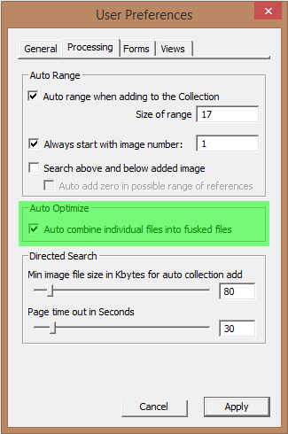 Image of User Preferences Dialog with the Processing tab selected - Auto Optimize highlighted