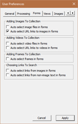 Image Surfer Pro user preferences Forms Tab dialog with selected inputs enabled