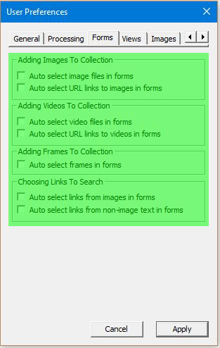 Image of User Preferences Dialog with the Processing tab selected - Adding Images To Collection and Choosing Links To Search highlighted