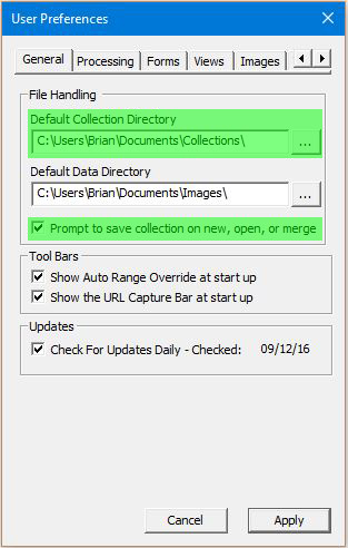 Image of User Preferences Dialog with the General tab selected - Default Fusker Collection Directory input highlighted