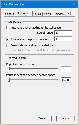 Image of User Preferences Dialog with the Processing tab selected - nothing highlighted