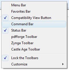 IE menu where you can choose which toolbars to dispaly