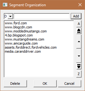 The Image Surfer Pro segment organizer dialog window shown with some example content