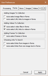 Image Surfer Pro user preferences Forms Tab dialog with selected inputs enabled