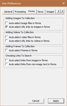 Image Surfer Pro configuration dialog with forms tab selected inputs enabled