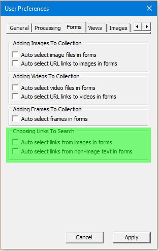 Image of User Preferences Dialog with the Processing tab selected - Auto select search options highlighted