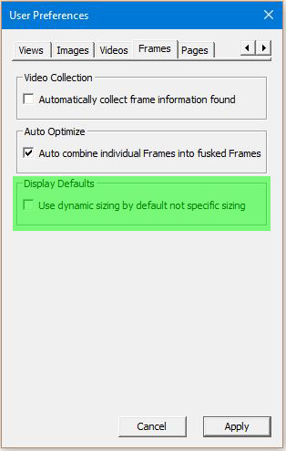 Image of User Preferences Dialog with the Frames tab selected - Display Defaults highlighted