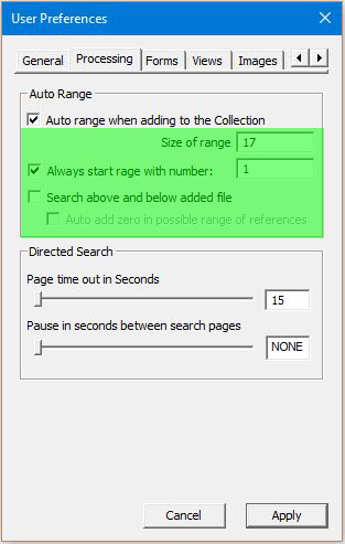 Image of User Preferences Dialog with the Processing tab selected - portion of Auto Range block highlighted