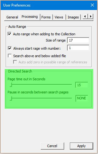 Image of User Preferences Dialog with the Processing tab selected - Directed Search Configuration and Auto Optimize Configuration highlighted