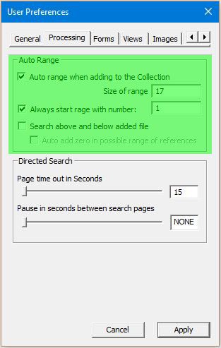 Image of User Preferences Dialog with the Processing tab selected - Auto Range Configuration highlighted