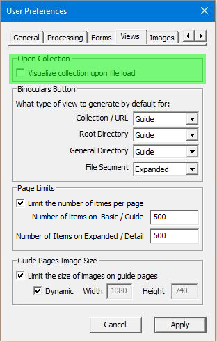 Image of User Preferences Dialog with the Views tab selected - Open Collection input highlighted